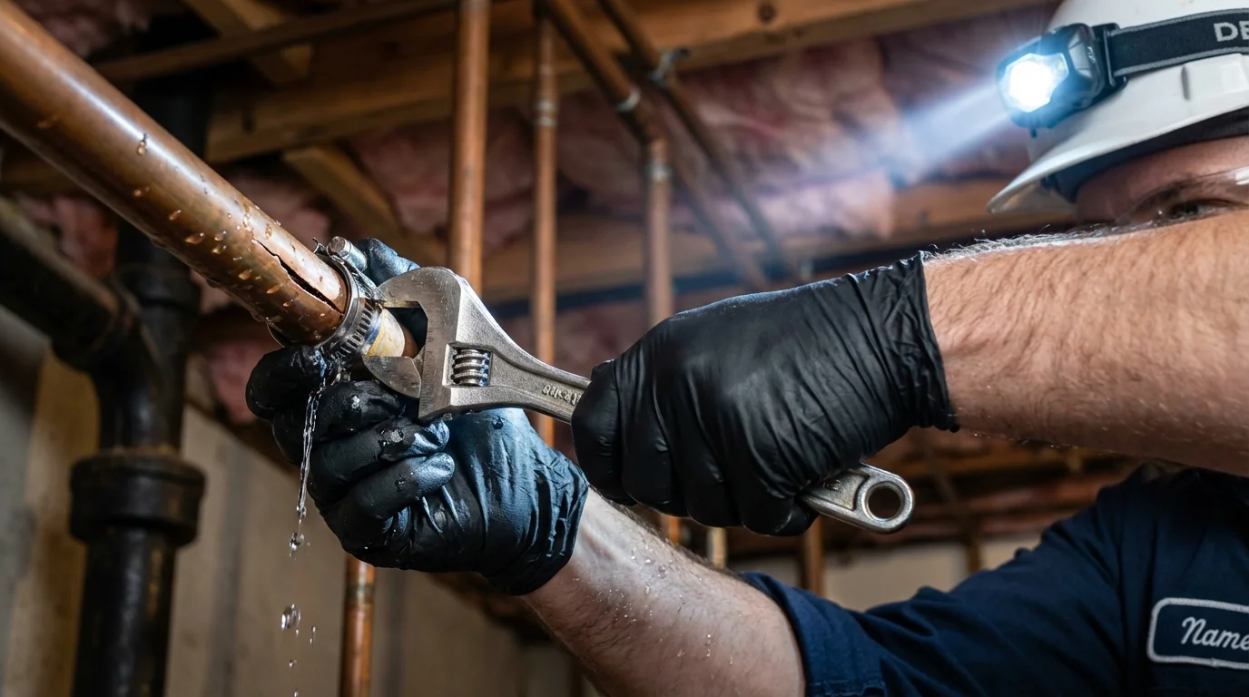 Emergency pipe clamp repair being performed by a Johns Plumbing LLC plumber in Kingsley