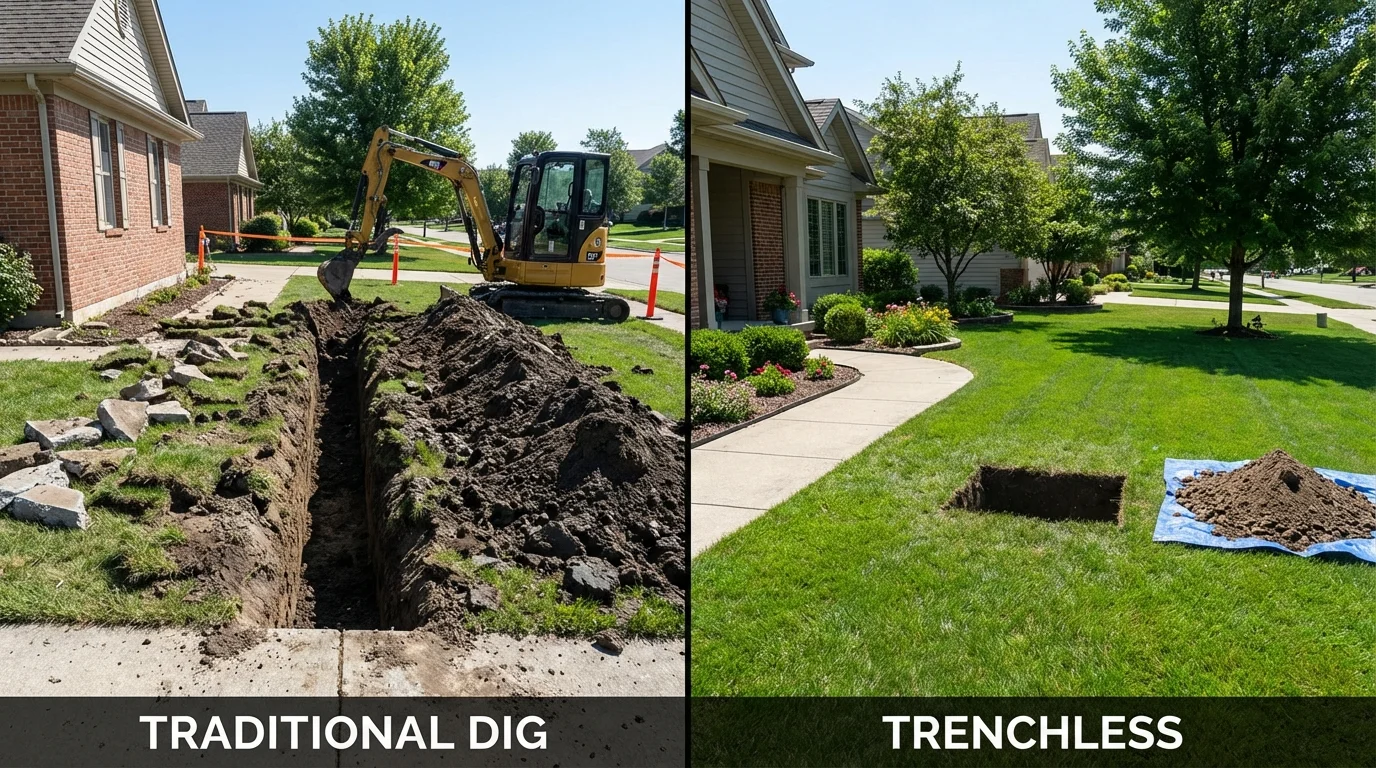Trenchless sewer repair with minimal yard damage versus traditional excavation in Kingsley, MI