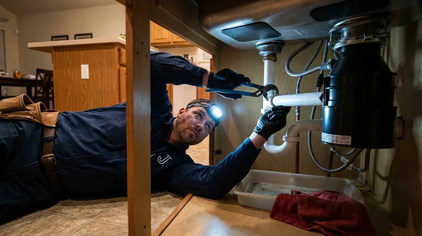 P-trap and supply line connections under a kitchen sink showing a common leak point in Kingsley, MI